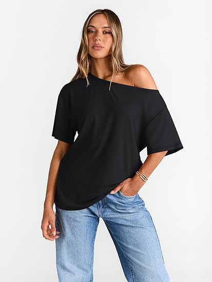 Womens Off The Shoulder Tops Oversized T-Shirts Short Sleeve Tees Summer 2026 Casual Spring Clothes