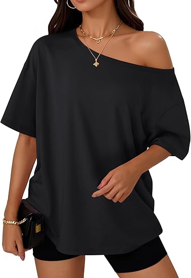 Womens Off The Shoulder Tops Oversized T-Shirts Short Sleeve Tees Summer 2026 Casual Spring Clothes